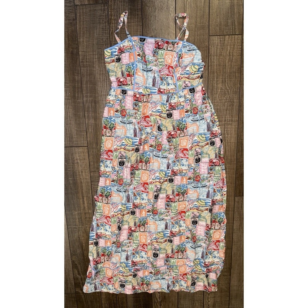 The Good Journey Womens Postcard Print Midi Dress Blue Multi Size 10 Tropical
